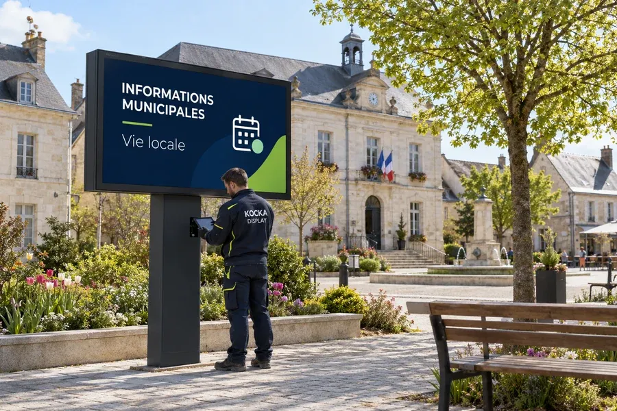 Illustration générée : technicien Kocka Display auprès d’un panneau LED devant une mairie d’inspiration sarthoise