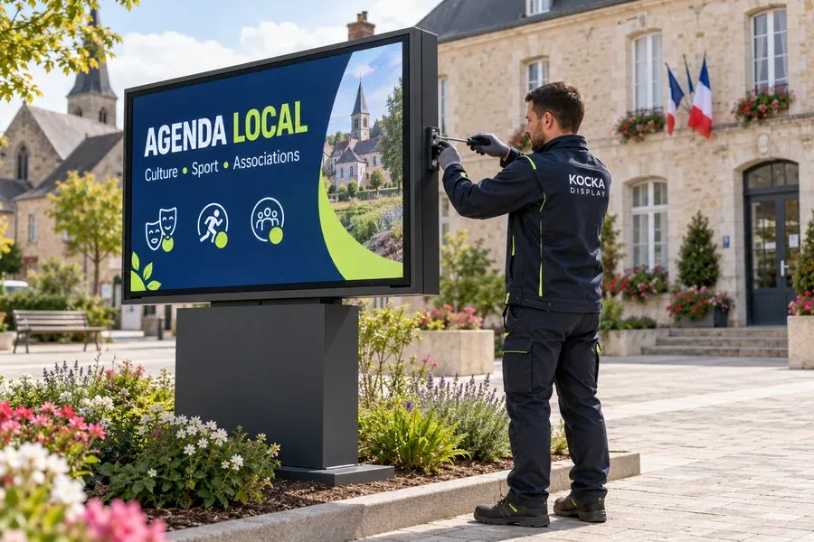 Illustration générée : pose d’un panneau LED municipal par un technicien Kocka Display