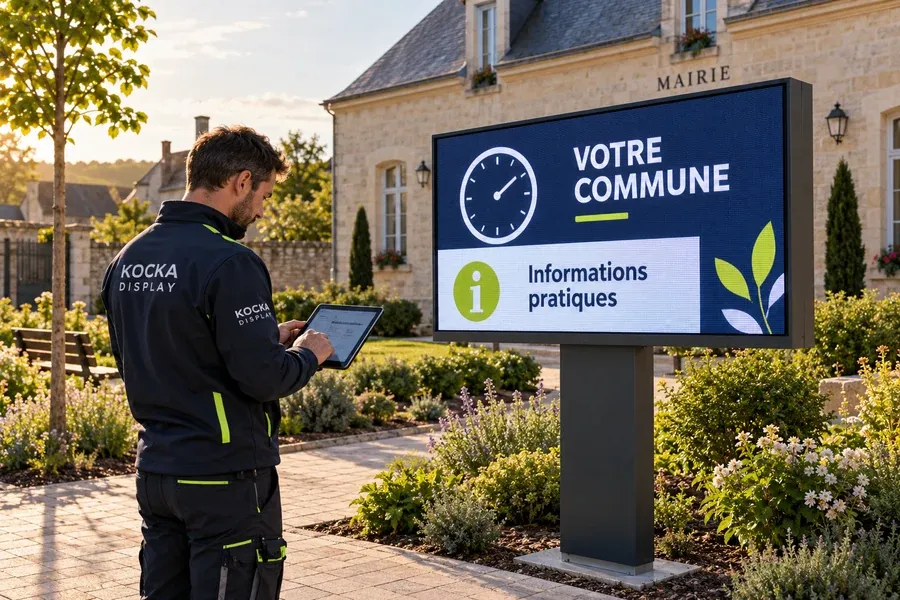 Illustration générée : réglage d’un écran LED municipal sur tablette